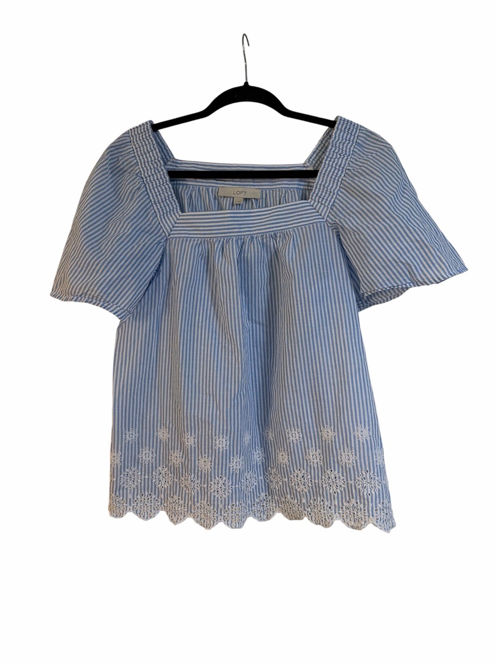 LOFT Blue and White Striped Square-Neck Embroidered Top